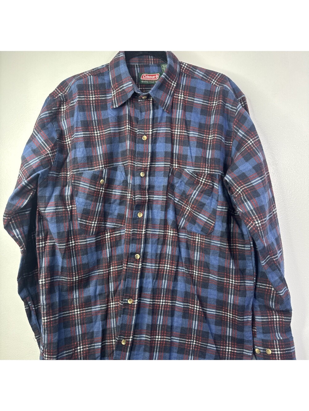 Coleman Flannel Button Down Shirt Mens Large Red Blue White Plaid Outdoor Casual